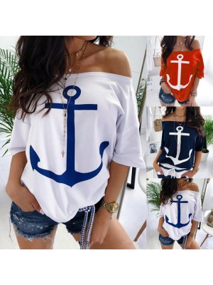 Spot new wise amazon ebay popular loose off shoulder bat shirt printed T-shirt women OM8839