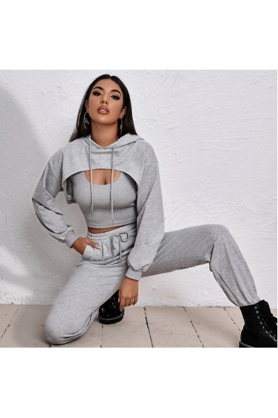 2022 European and American Cross border Women's Spring Hoodie Loose Vest Sweatpants Slow Running Three piece Set