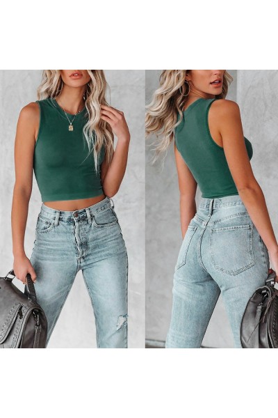 Cross border 2022 Summer New Amazon Europe America Fashion Solid Round Neck Sleeveless Women's Shirt OM9910