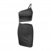 Amazon cross-border design sense, small number, one shoulder drawstring dress, female summer hollow bag hip sling dress